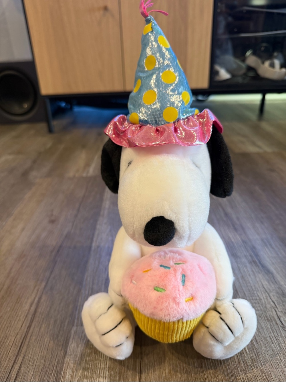 Peanuts Snoopy Plush with Blue and Yellow Polka Dot Hat and Pink Cupcake